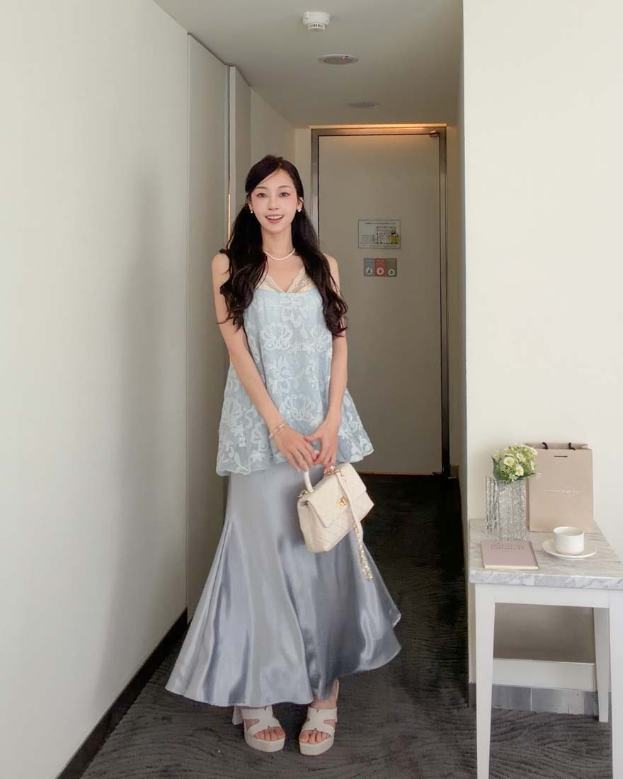 LINA LINA柔美交織網紗上衣長裙背心三件組-高雅藍