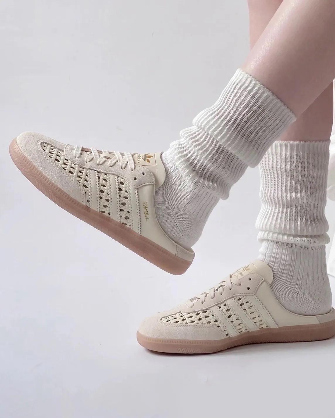 ADIDAS SAMBA 奶白 簍空 編織 穆勒拖