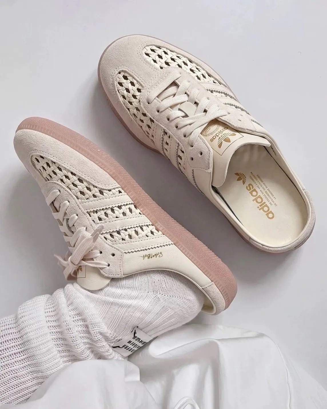 ADIDAS SAMBA 奶白 簍空 編織 穆勒拖