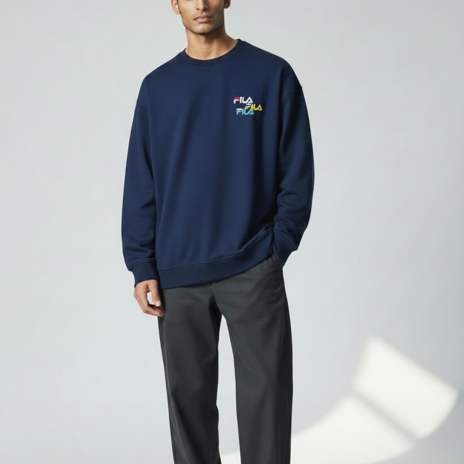 FILA 大學T 深藍 LOGO 圓領 長袖 上衣 男 1TEW7002AB