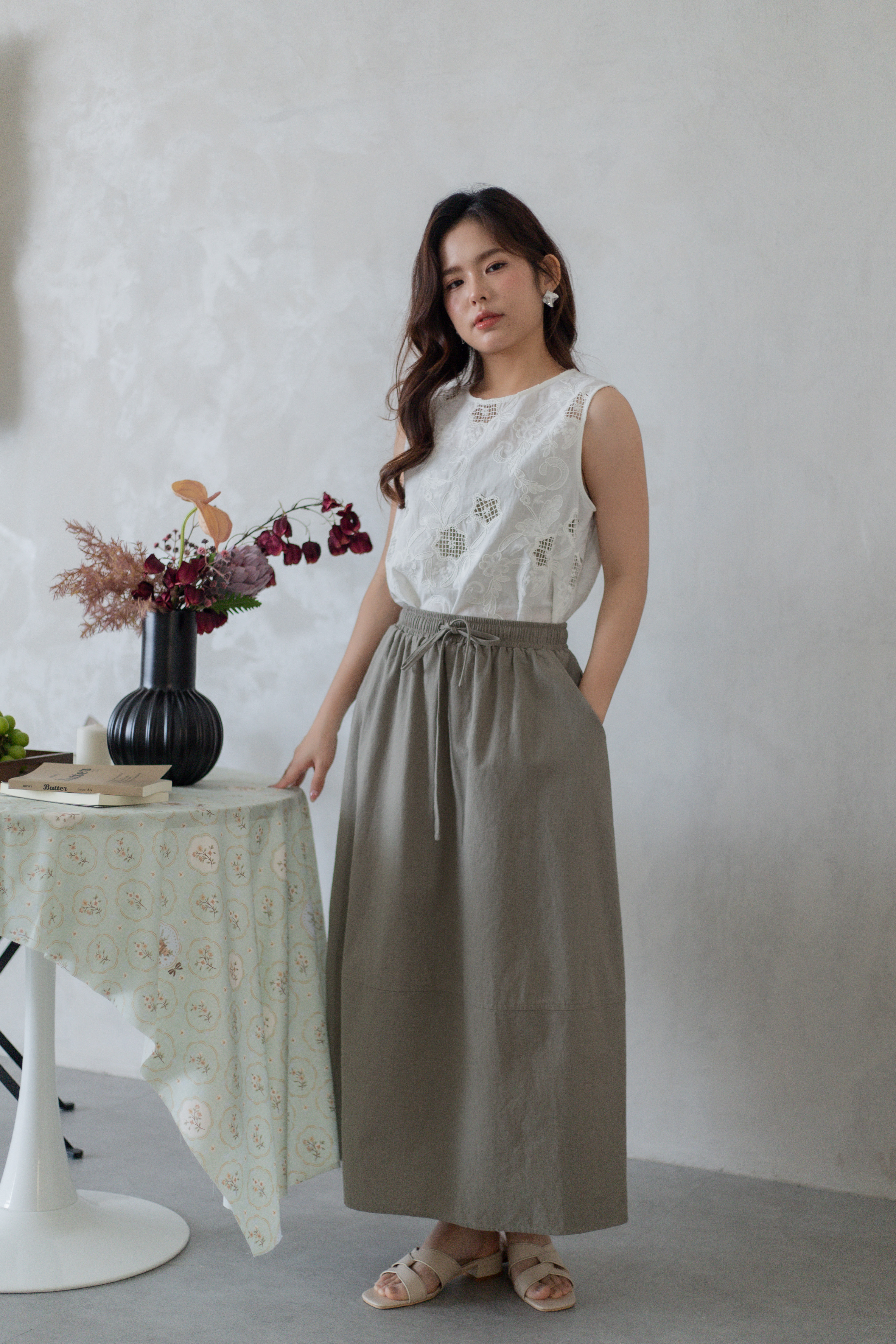 Riana Panel Linen Skirt Green - 2775SKGRN