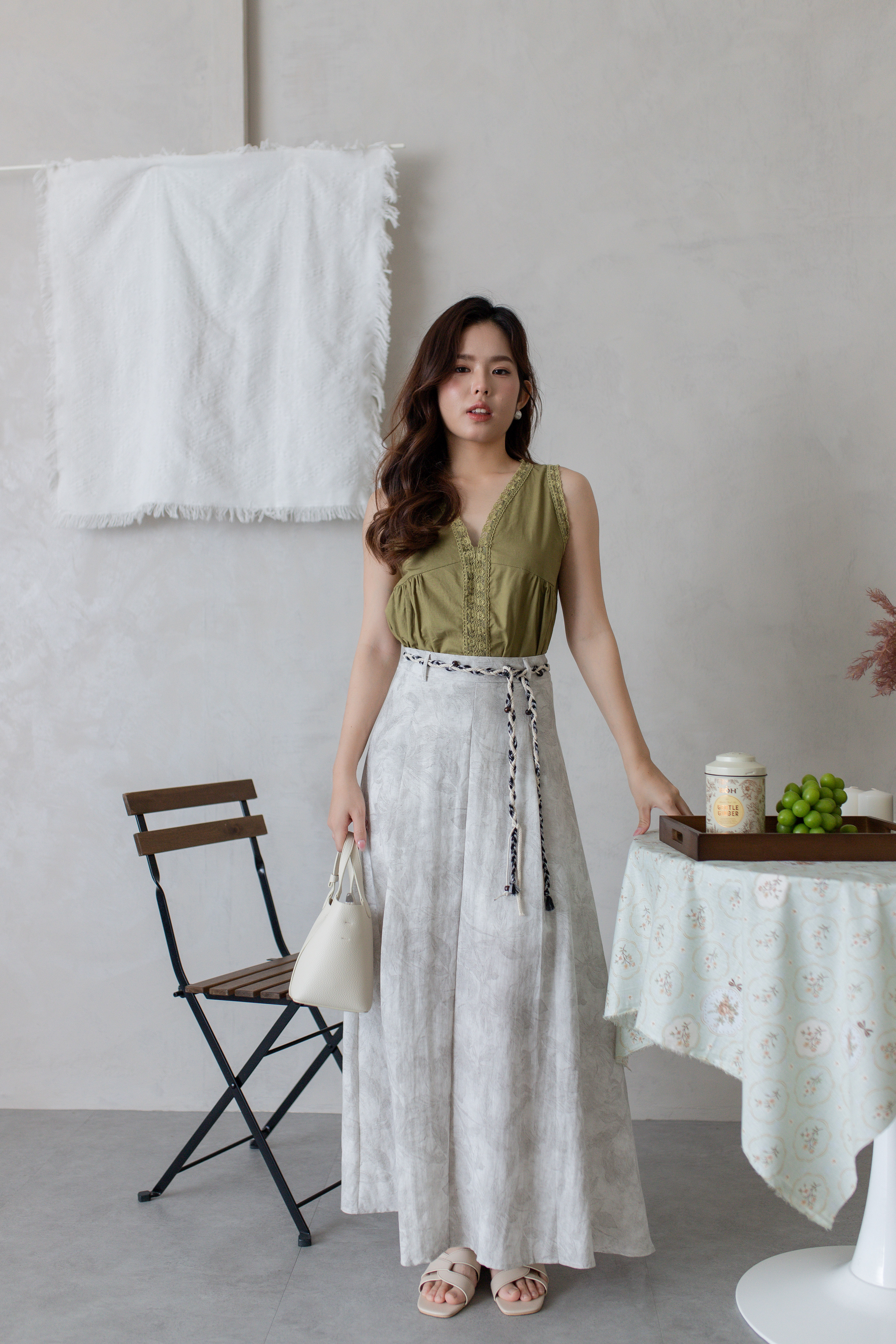 Ember Floral Pleated  Skirt Beige -2767SKBEI