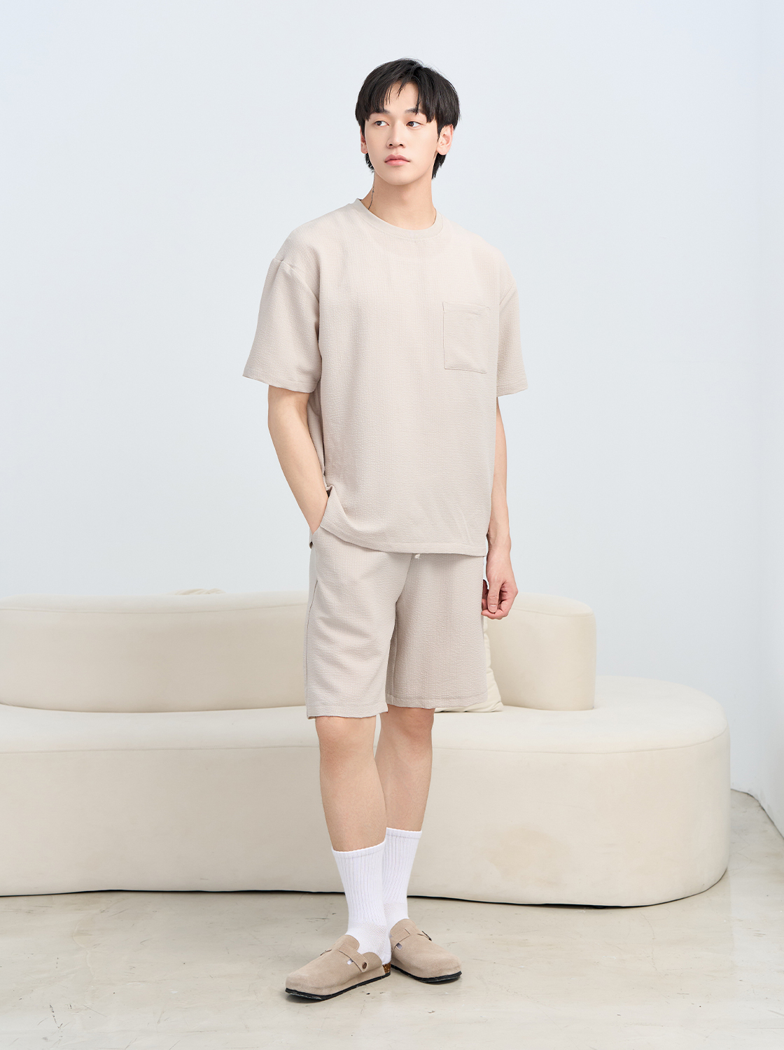 【期間限定】輕量格紋肌理綁繩短褲