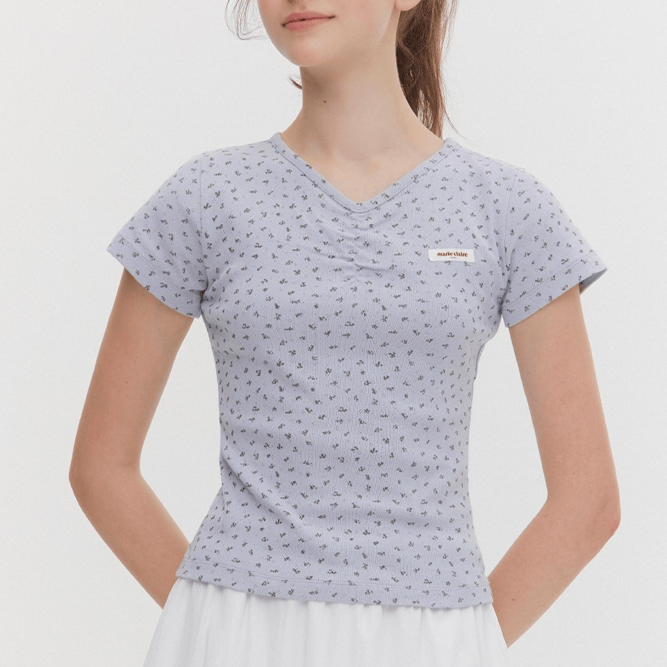 marie claire｜V-neck Flower Short Sleeve T-shirt [2 colors] 關鍵字：MA205