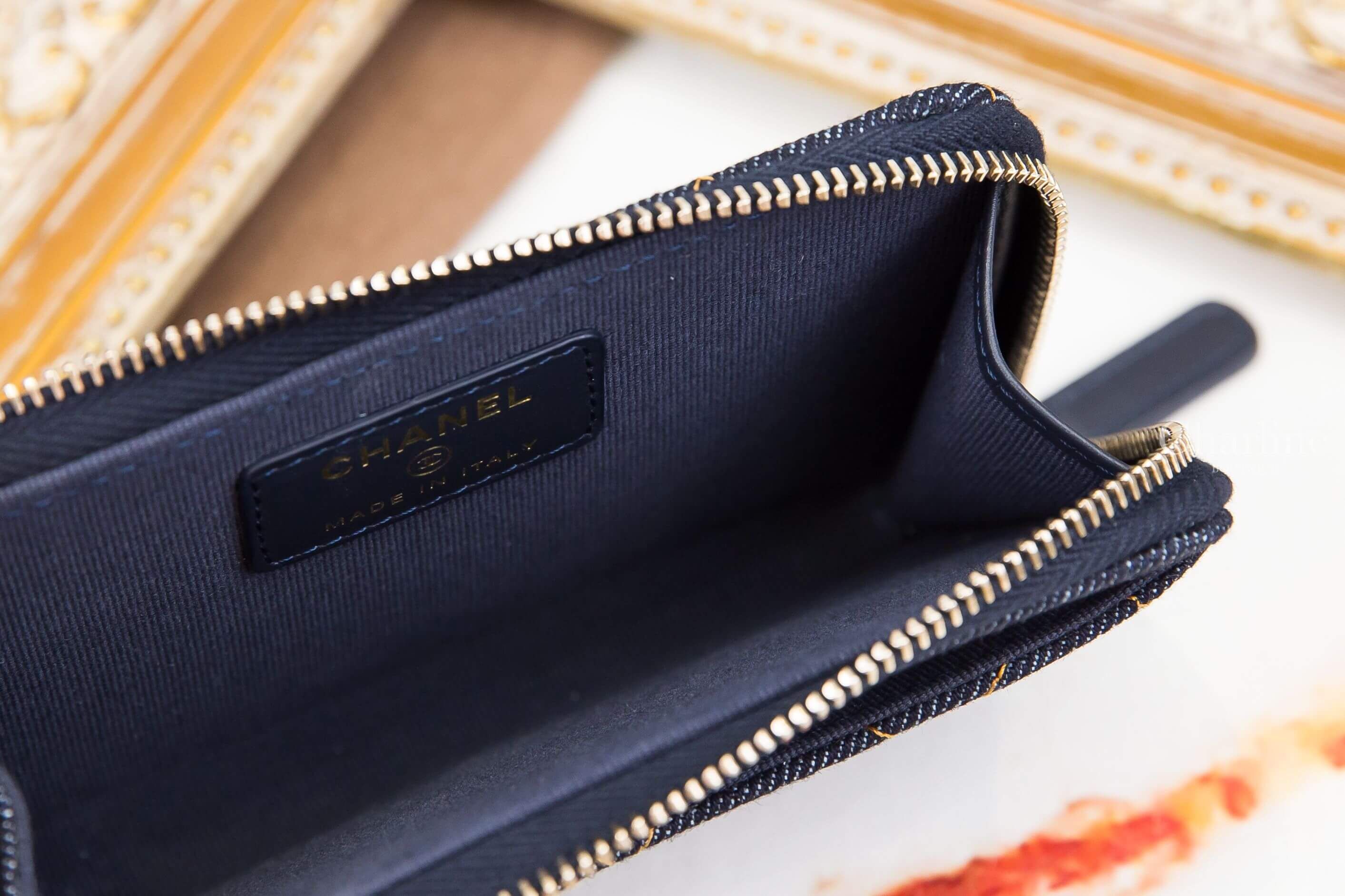 Chanel Card Holder 深藍色金CC橘色縫線菱格紋丹寧布卡片拉鍊零錢夾-Charline Boutique 精品代購