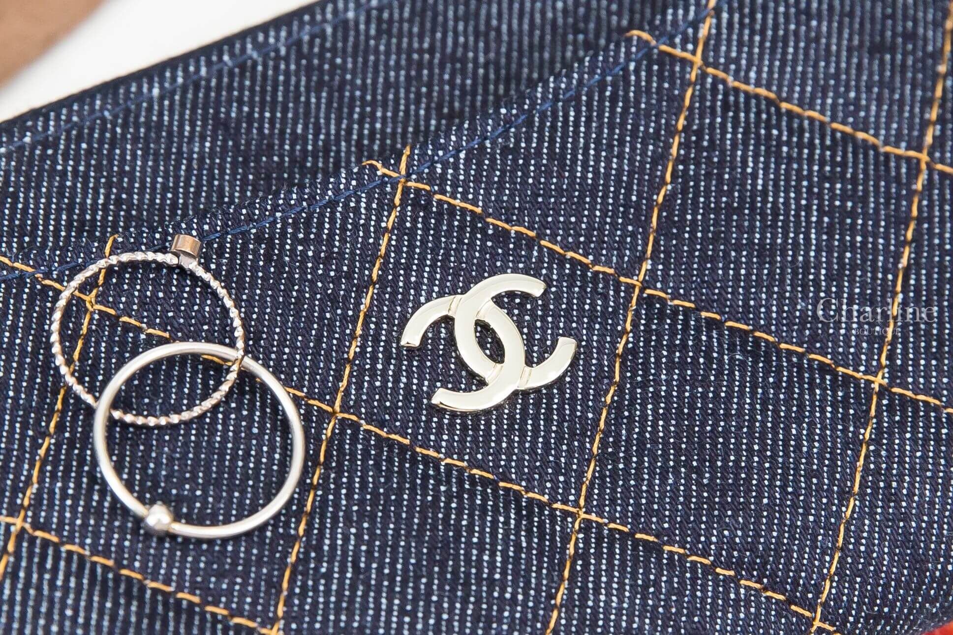 Chanel Card Holder 深藍色金CC橘色縫線菱格紋丹寧布卡片拉鍊零錢夾