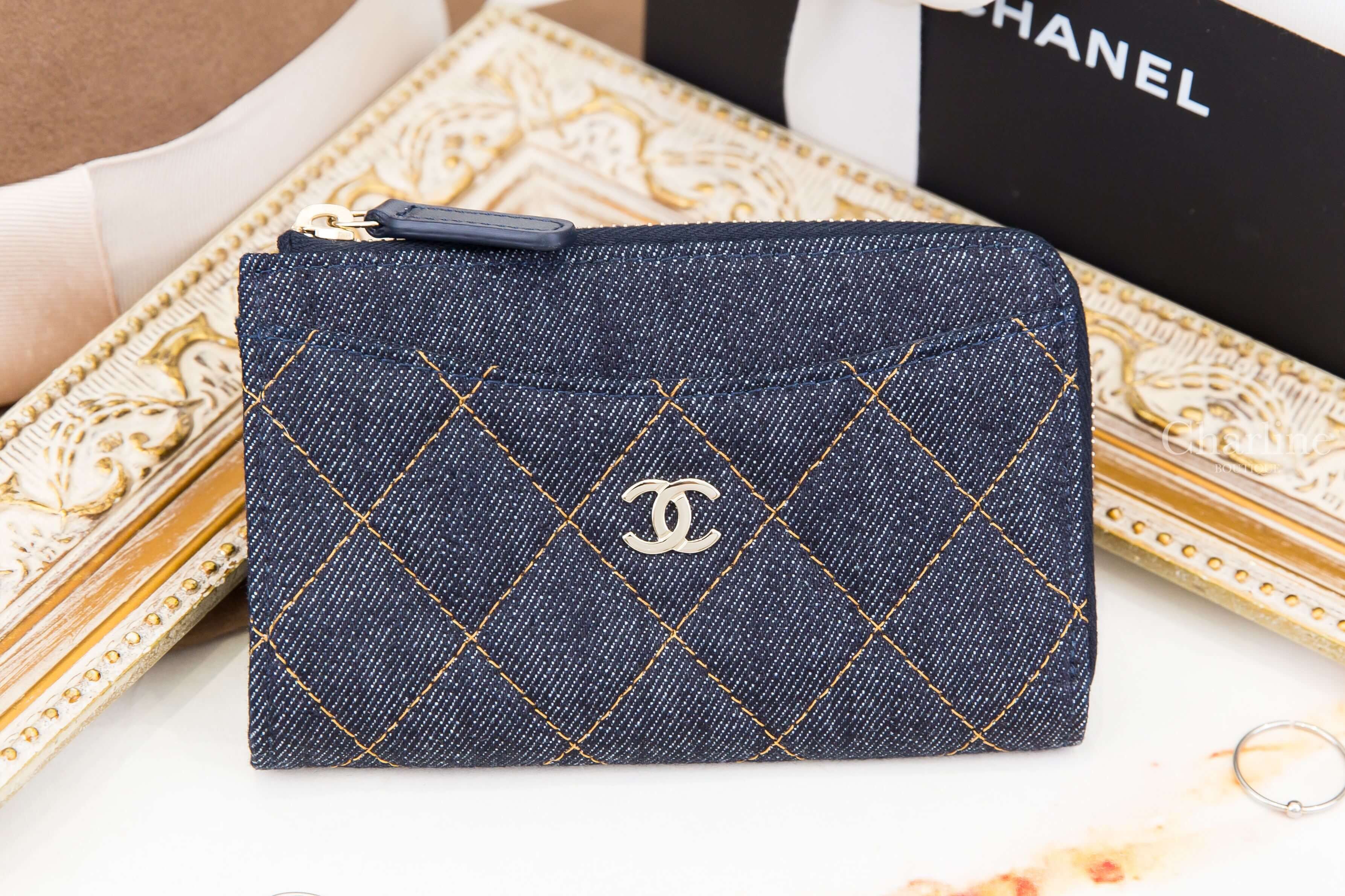 Chanel Card Holder 深藍色金CC橘色縫線菱格紋丹寧布卡片拉鍊零錢夾