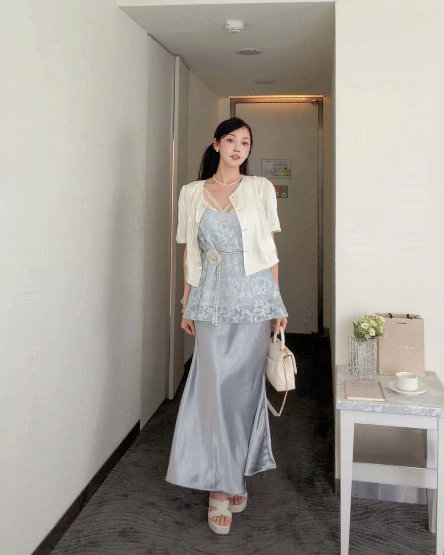 LINA LINA柔美交織網紗上衣長裙背心三件組-高雅藍