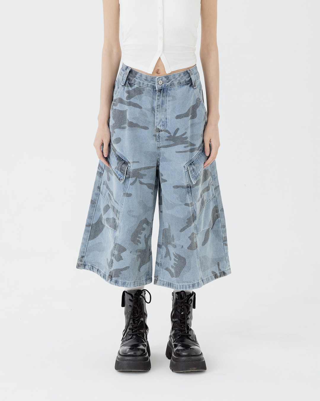 Washed camouflage design cropped jeans S/M/L/XL【04011893】in stock+pre-order
