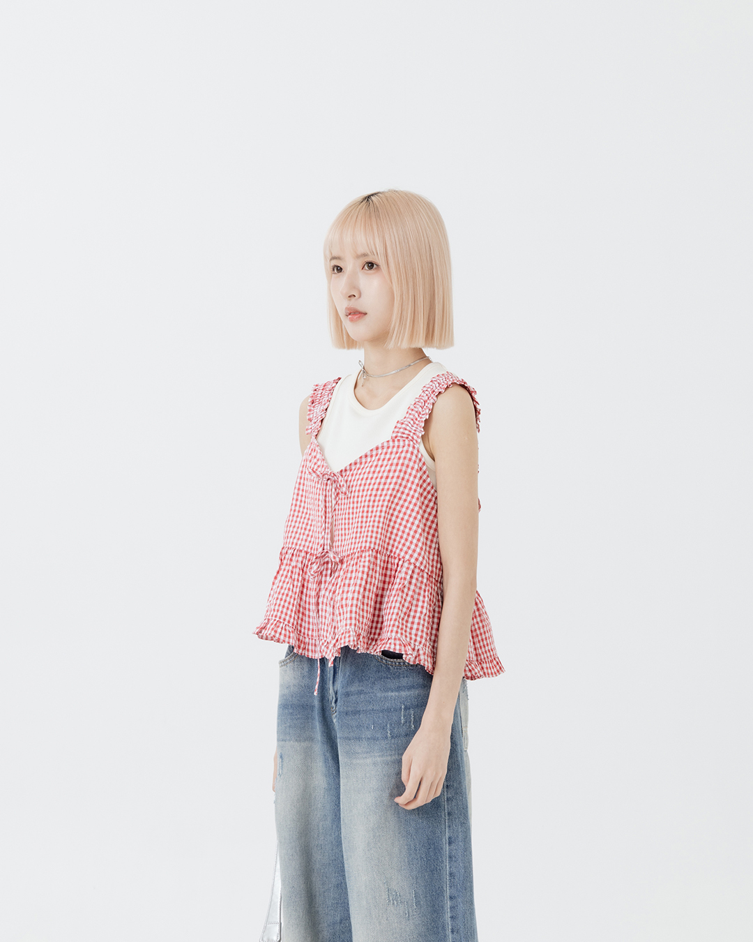 3D bubble texture plaid umbrella-hem blouse vest, available in two colors.【01099679】in stock+pre-order