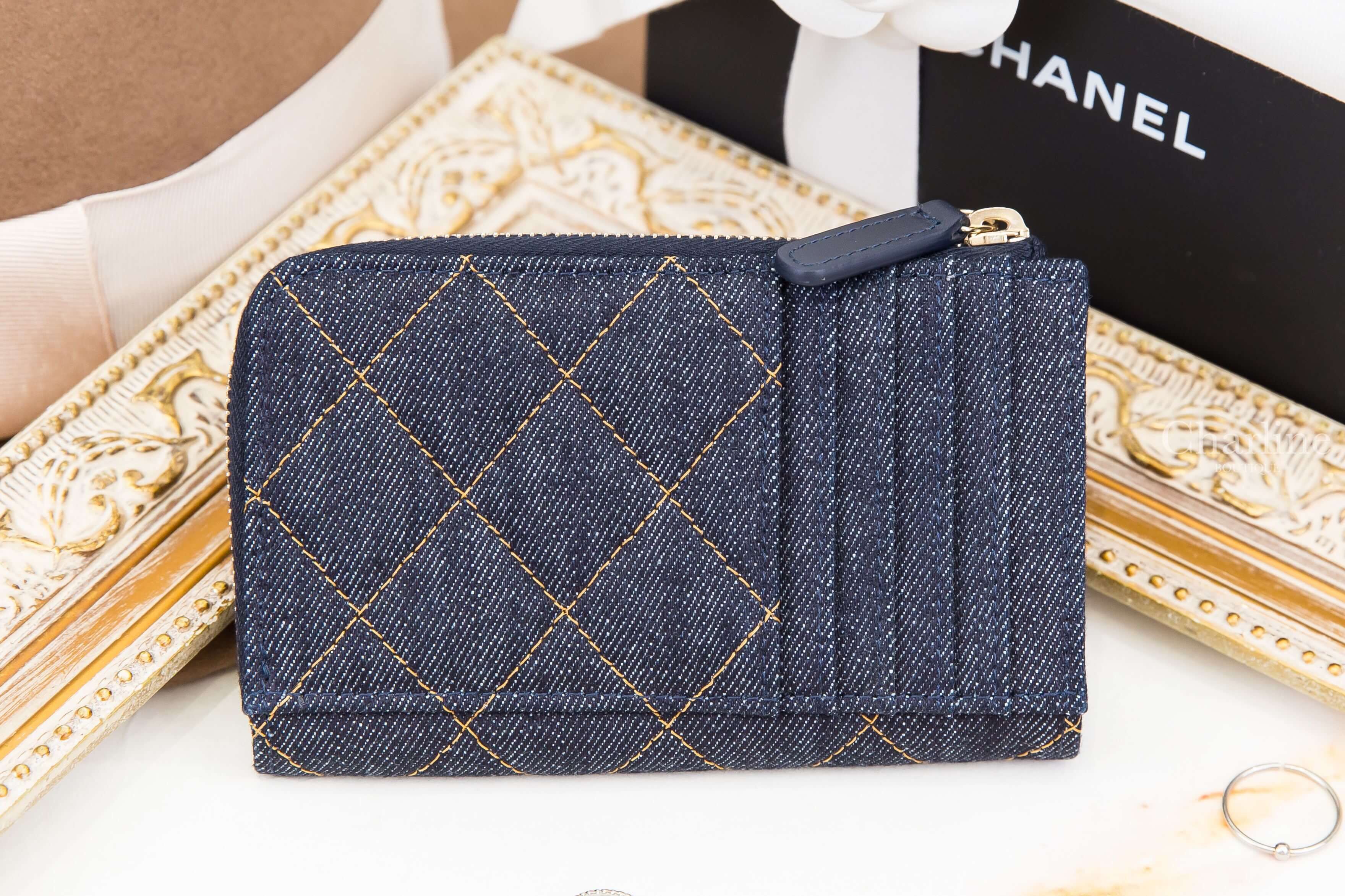 Chanel Card Holder 深藍色金CC橘色縫線菱格紋丹寧布卡片拉鍊零錢夾-Charline Boutique 精品代購