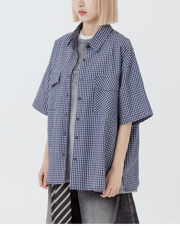 Double-pocket plaid wide-leg short-sleeved shirt, available in two colors, M/L.【01025804】in stock+pre-order