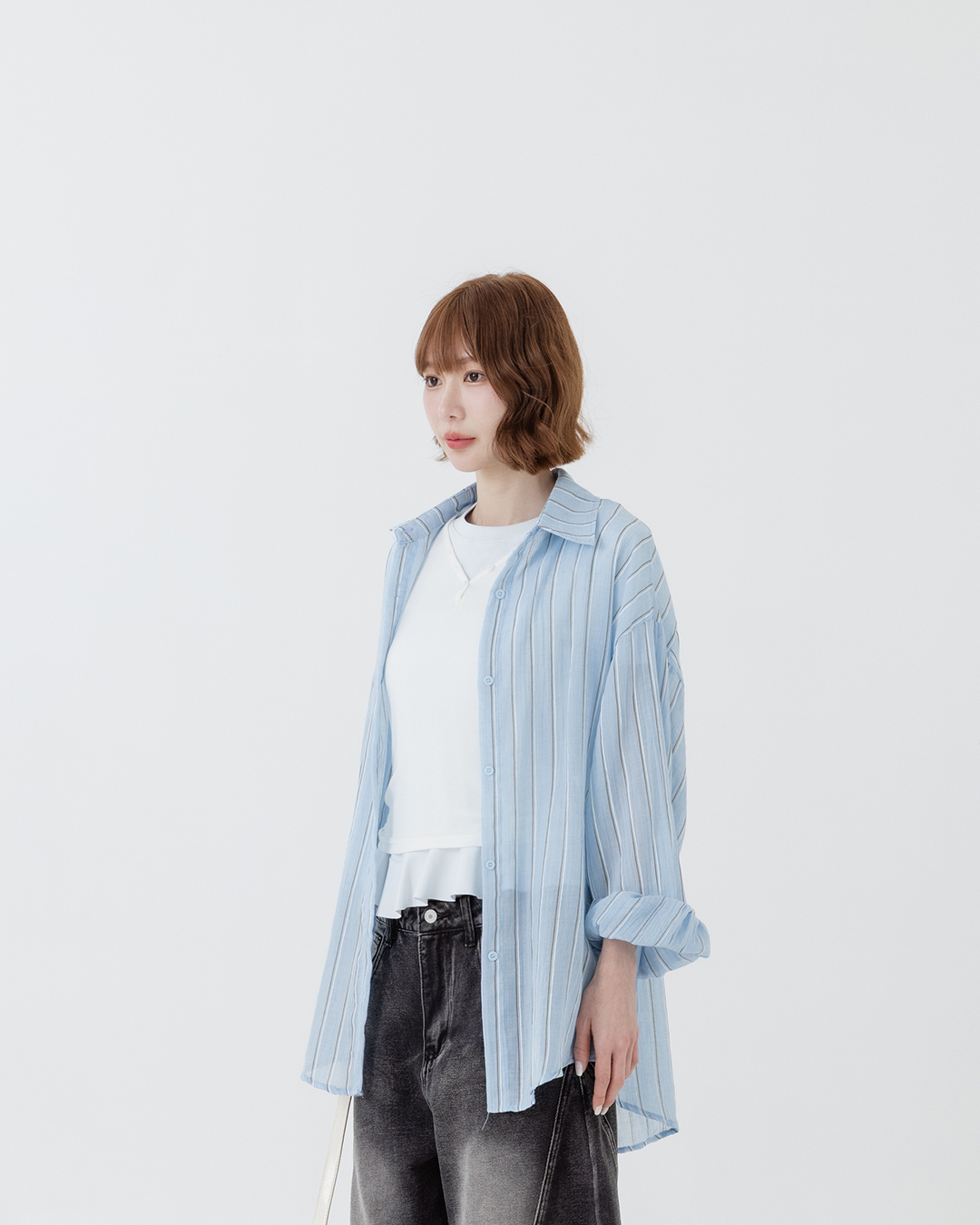 Striped, slightly sheer, wide-sleeved long-sleeved shirt in three colors.【01025836】in stock+pre-order