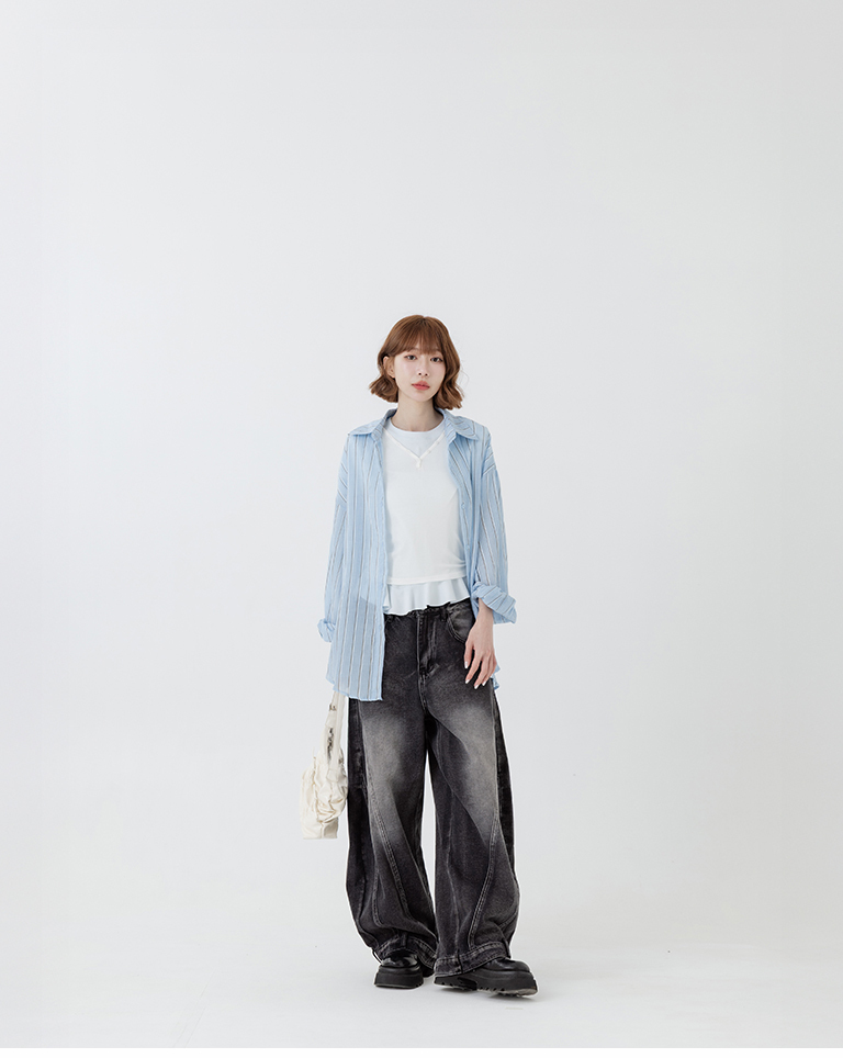 Striped, slightly sheer, wide-sleeved long-sleeved shirt in three colors.【01025836】in stock+pre-order