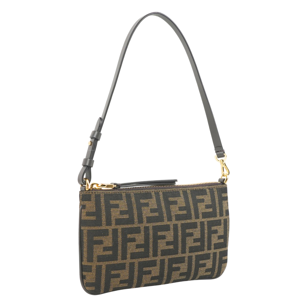 【Fendi】Baguette FF Logo 緹花布扁形手提包(棕色)