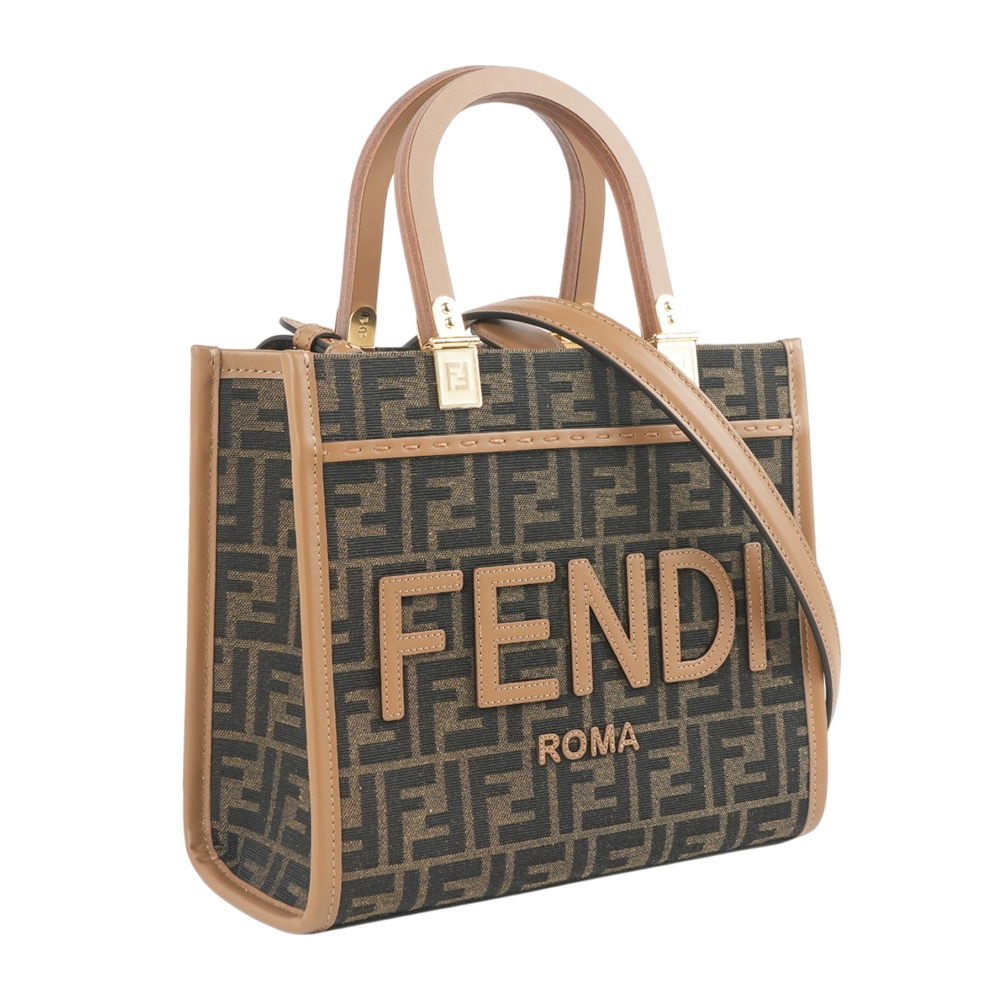 【Fendi】Sunshine FF Logo 緹花帆布及皮革小款二用包(棕色)