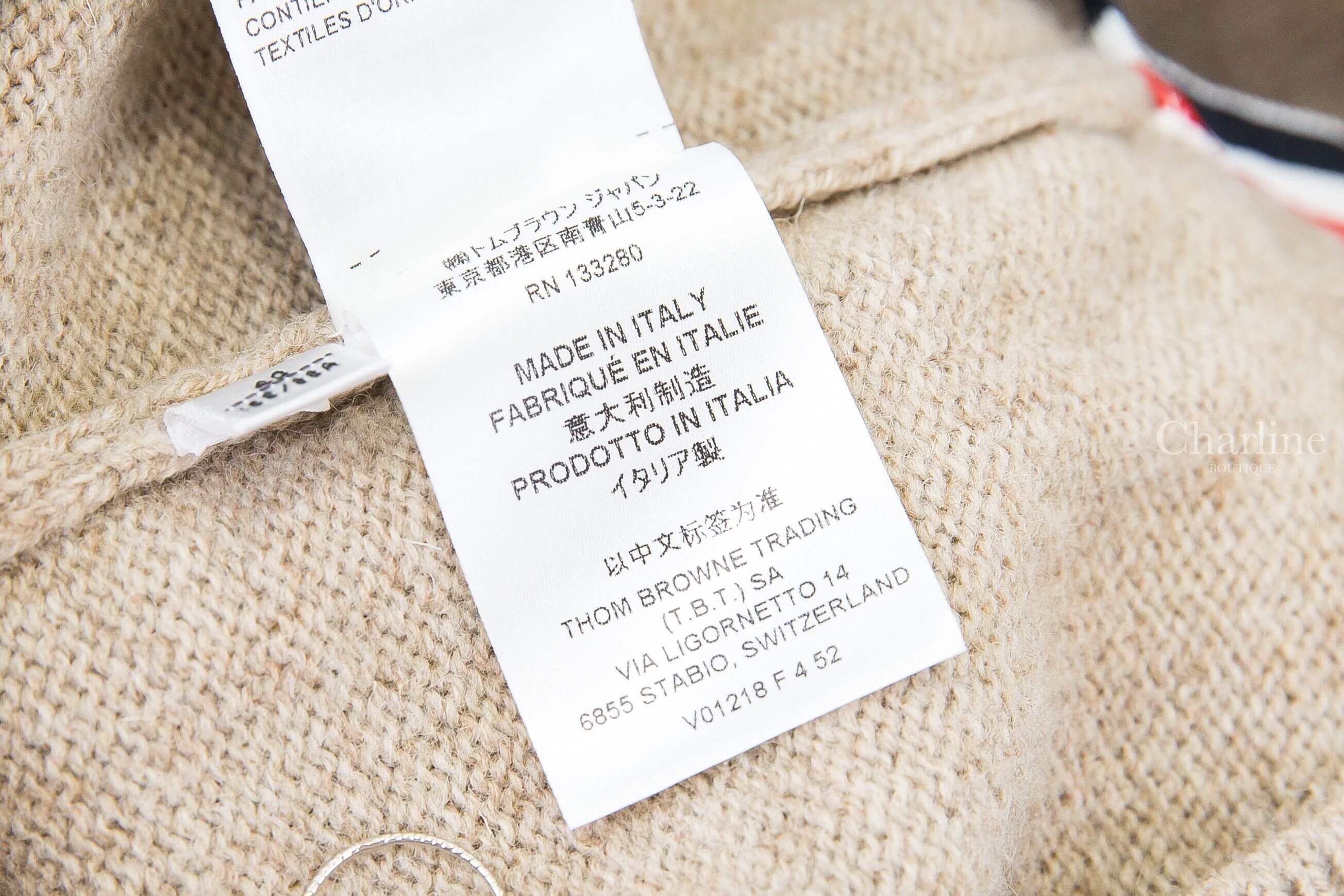 Thom Browne Jersey Stitch Shetland Wool 4-Bar Cardigan 卡其色側邊白色四條橫紋側邊鈕扣開衩羊毛開襟長袖外套-Charline Boutique 精品代購