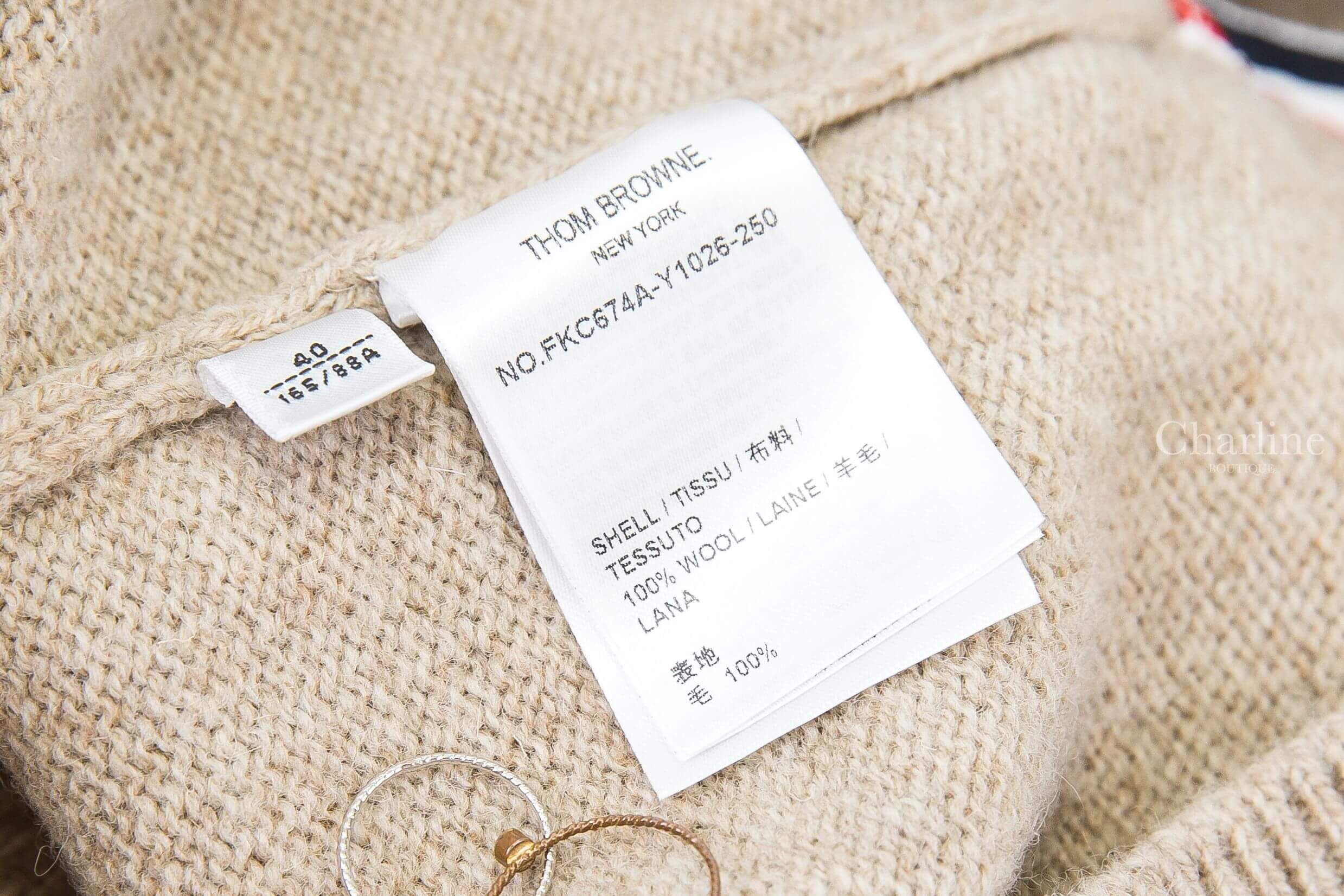Thom Browne Jersey Stitch Shetland Wool 4-Bar Cardigan 卡其色側邊白色四條橫紋側邊鈕扣開衩羊毛開襟長袖外套-Charline Boutique 精品代購