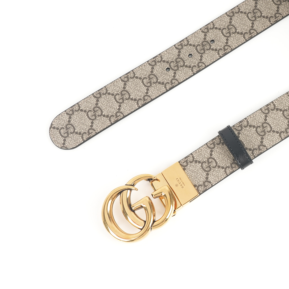 【GUCCI】GG 霧金塗層帆布及牛皮寬3.7cm雙面可用皮帶 85cm (米色/黑色)