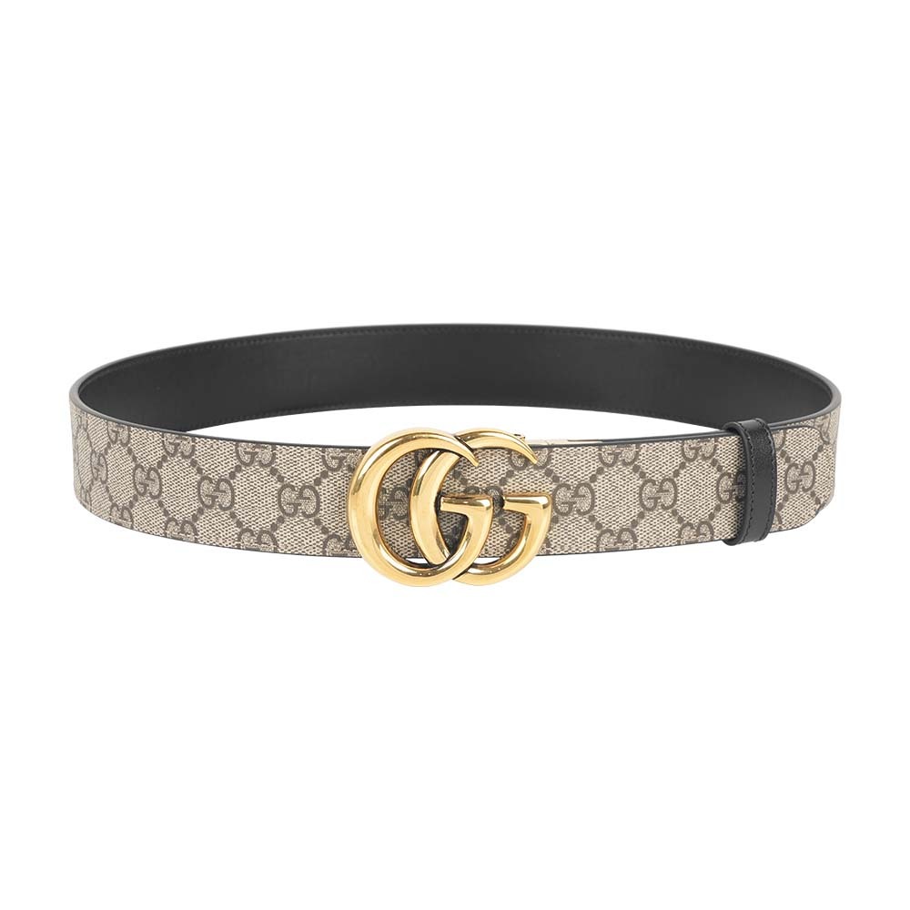【GUCCI】GG 霧金塗層帆布及牛皮寬3.7cm雙面可用皮帶 85cm (米色/黑色)