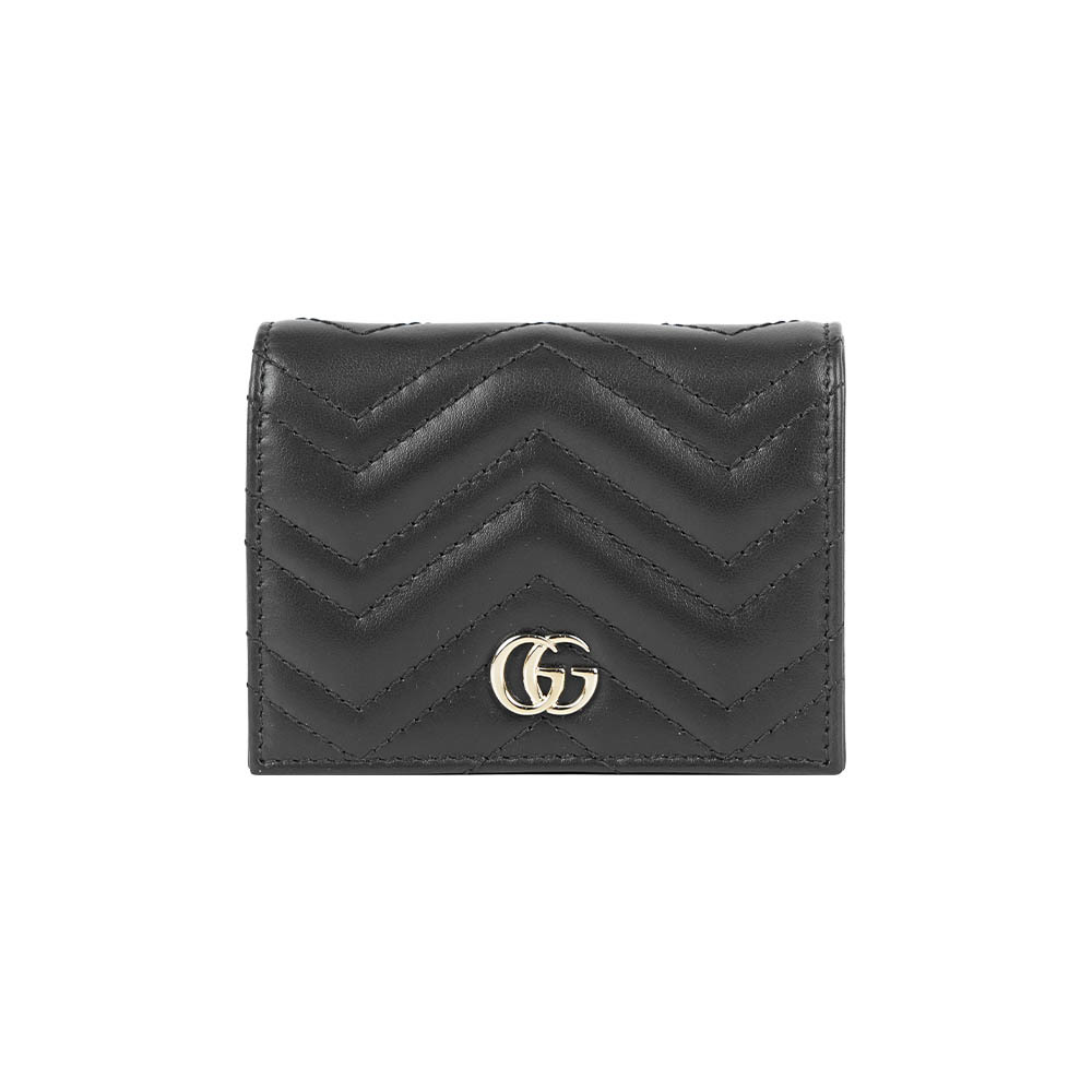 【GUCCI】GG Marmont 金字山型紋縫線皮革小短夾(黑色)