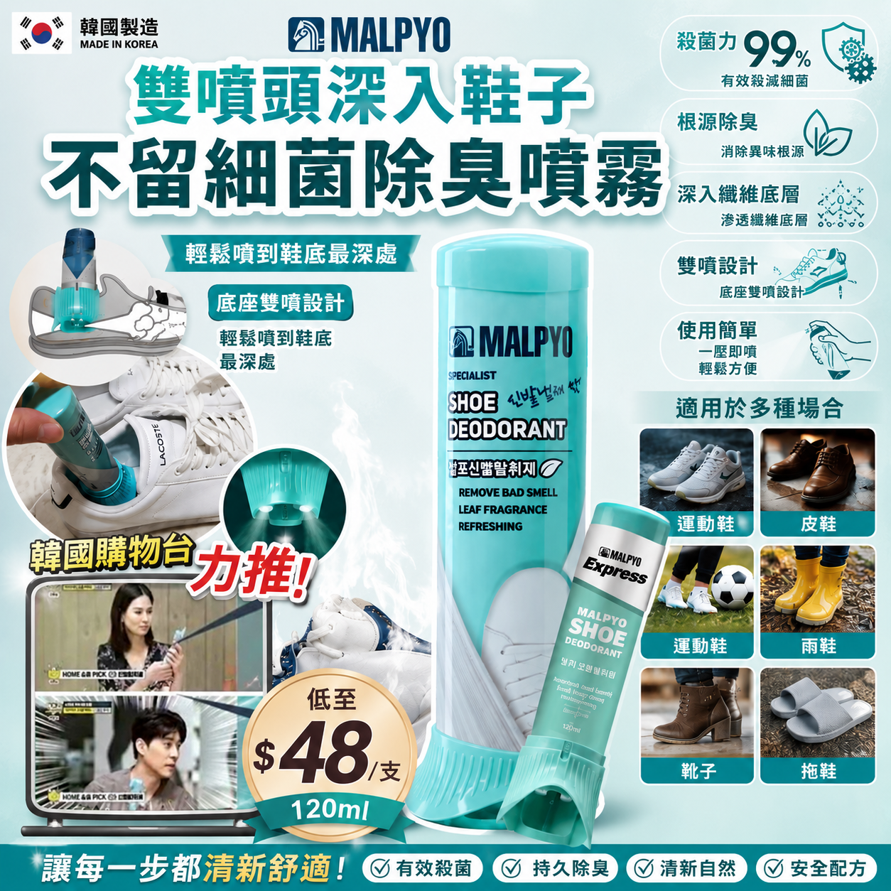【UB9510】韓國MALPYO雙噴頭深入鞋子不留細菌除臭噴霧 120ml