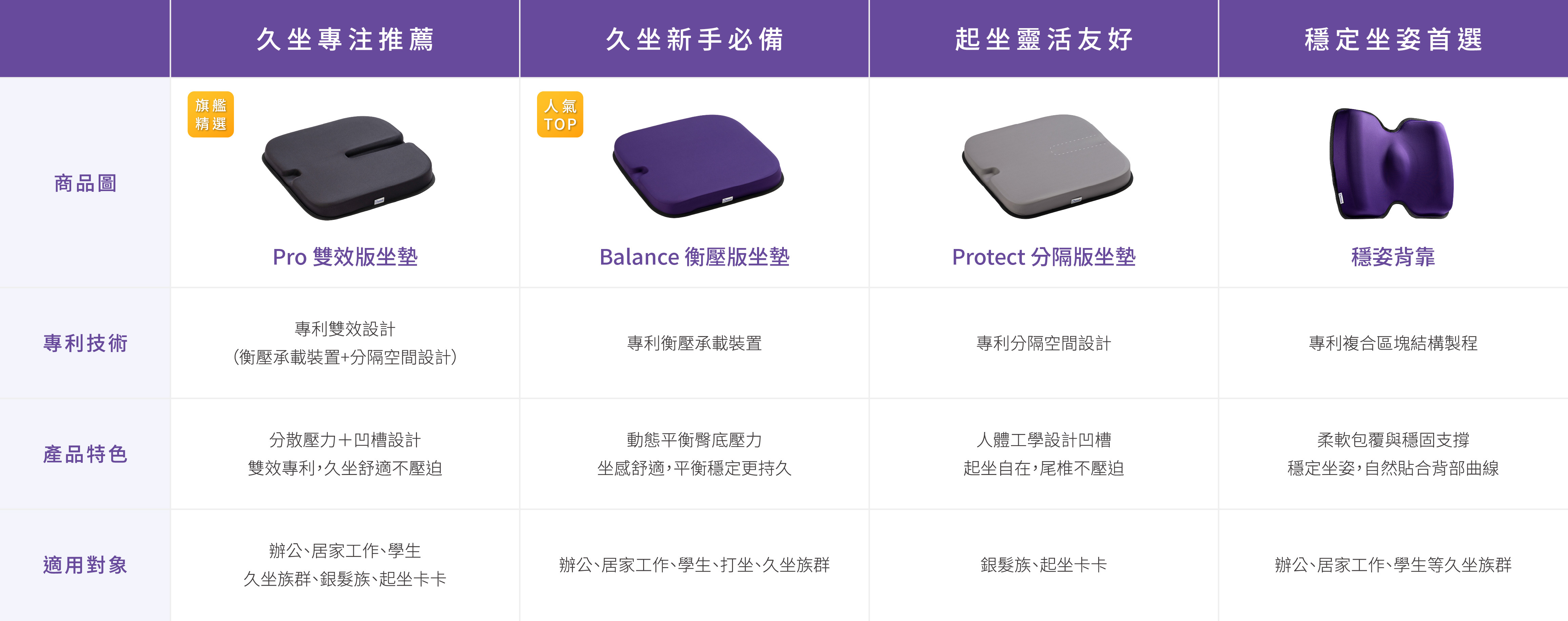 Dasuit 大適坐墊比較表 電腦版