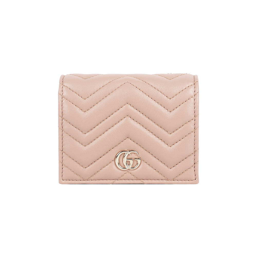 【GUCCI】GG Marmont 金字山型紋縫線皮革小短夾(裸粉色)