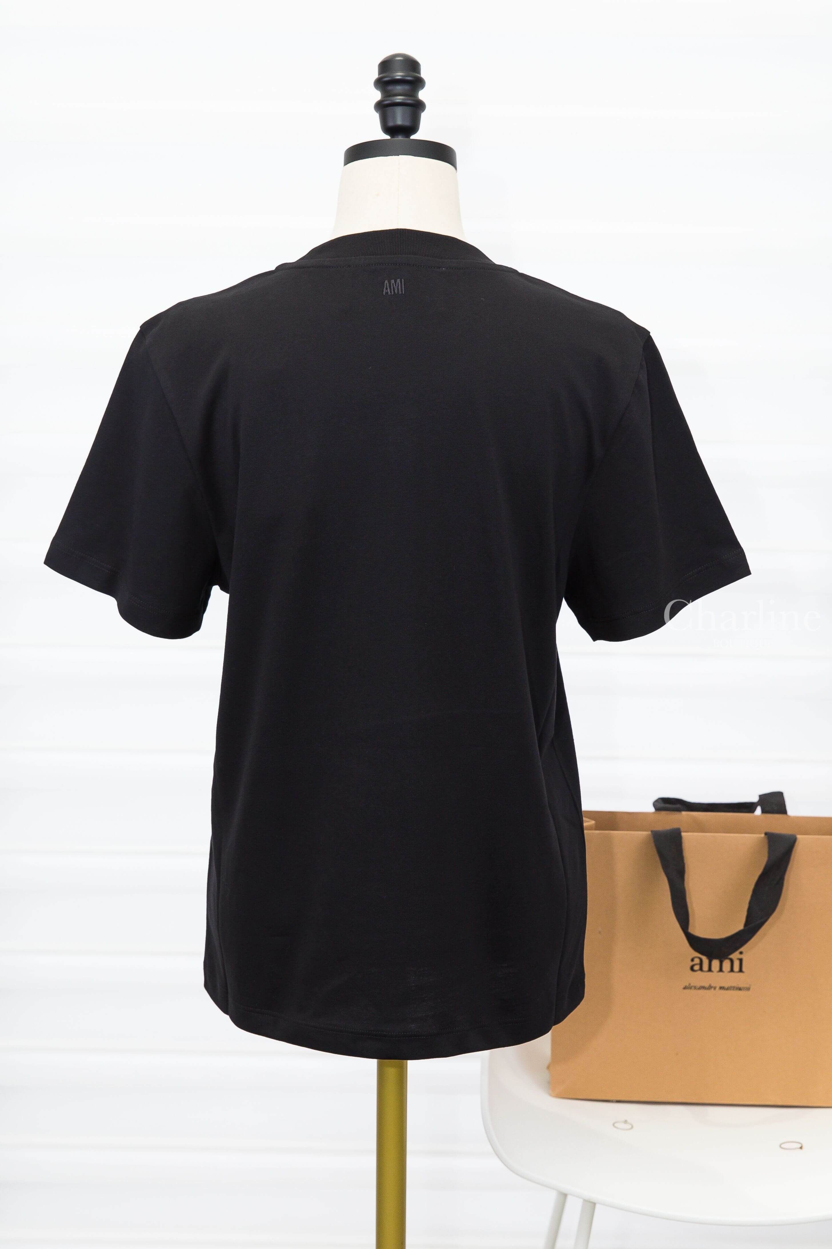 Ami Paris Black Cotton Ami De Coeur Cropped T-shirt 黑色奶油白色刺繡小愛心後背刺繡字母短袖棉T-Charline Boutique 精品代購