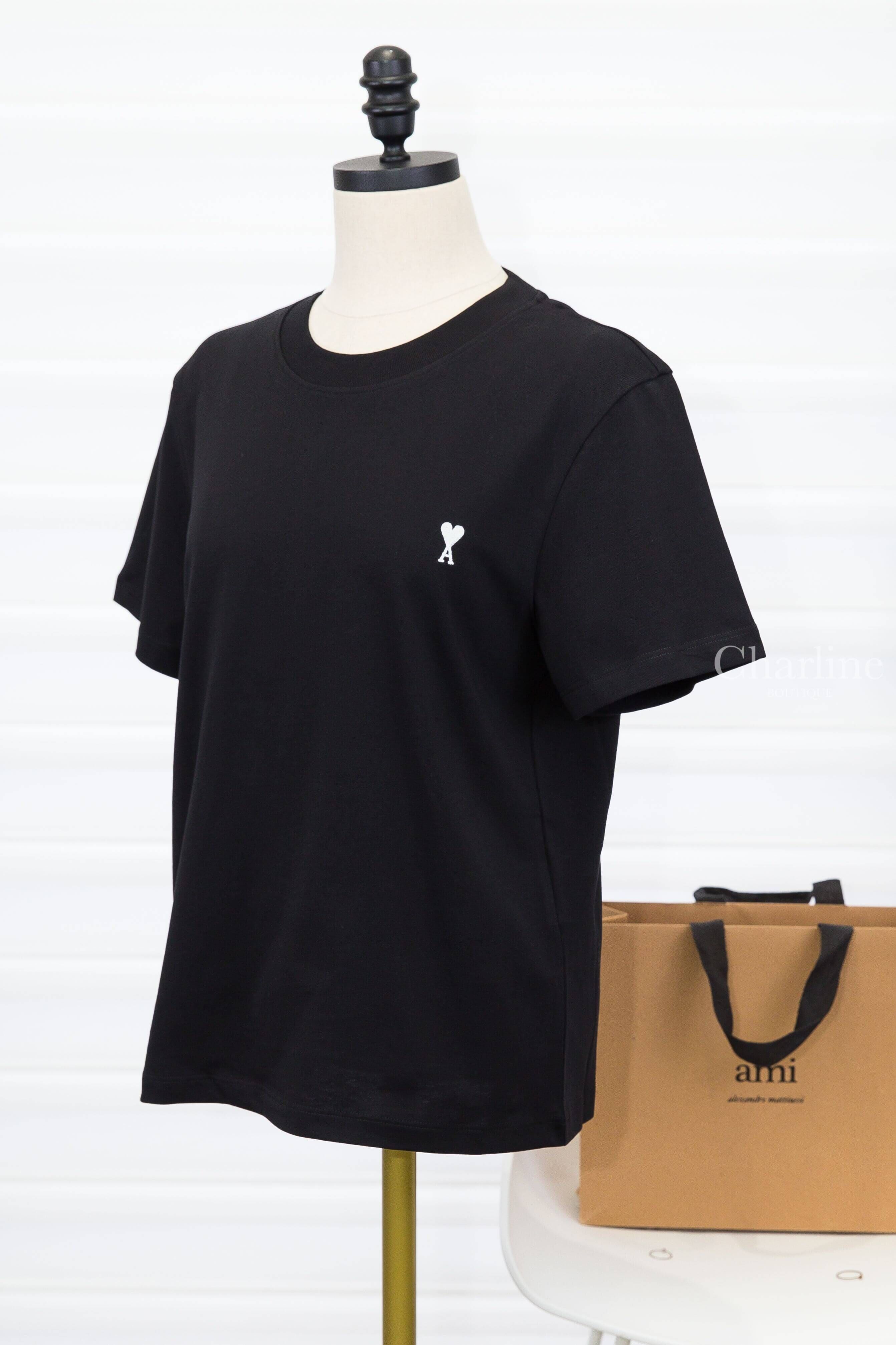 Ami Paris Black Cotton Ami De Coeur Cropped T-shirt 黑色奶油白色刺繡小愛心後背刺繡字母短袖棉T-Charline Boutique 精品代購