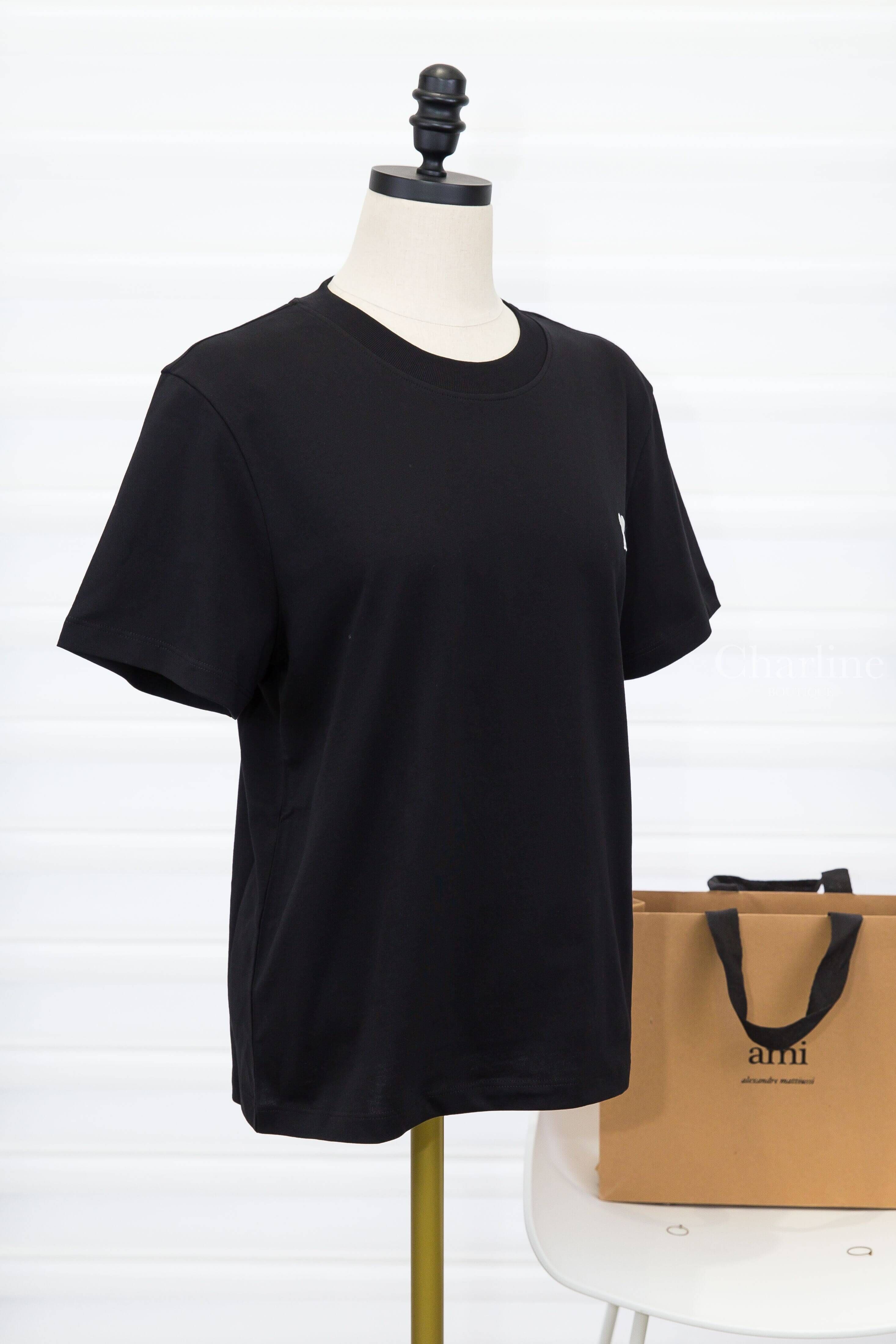 Ami Paris Black Cotton Ami De Coeur Cropped T-shirt 黑色奶油白色刺繡小愛心後背刺繡字母短袖棉T-Charline Boutique 精品代購