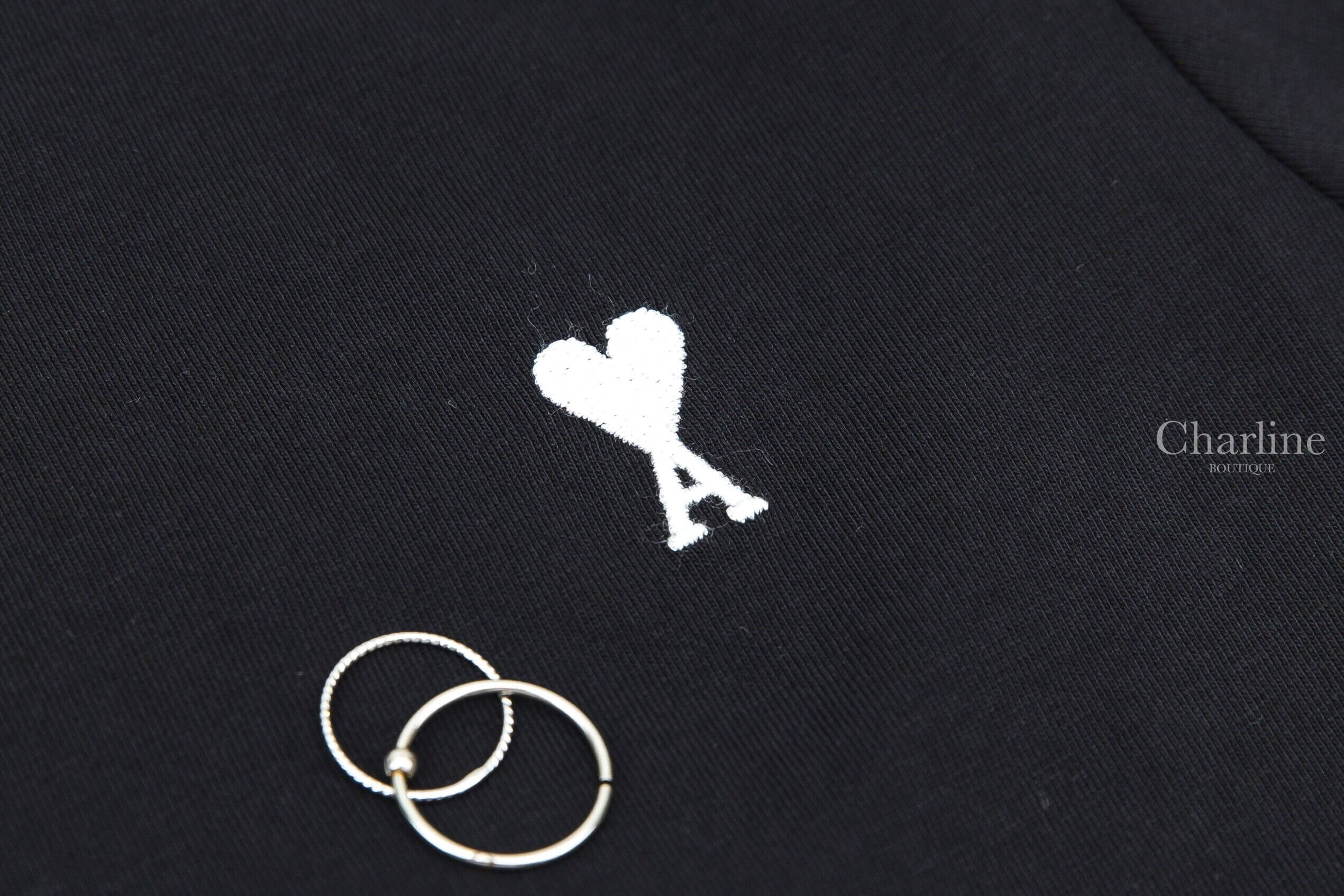 Ami Paris Black Cotton Ami De Coeur Cropped T-shirt 黑色奶油白色刺繡小愛心後背刺繡字母短袖棉T