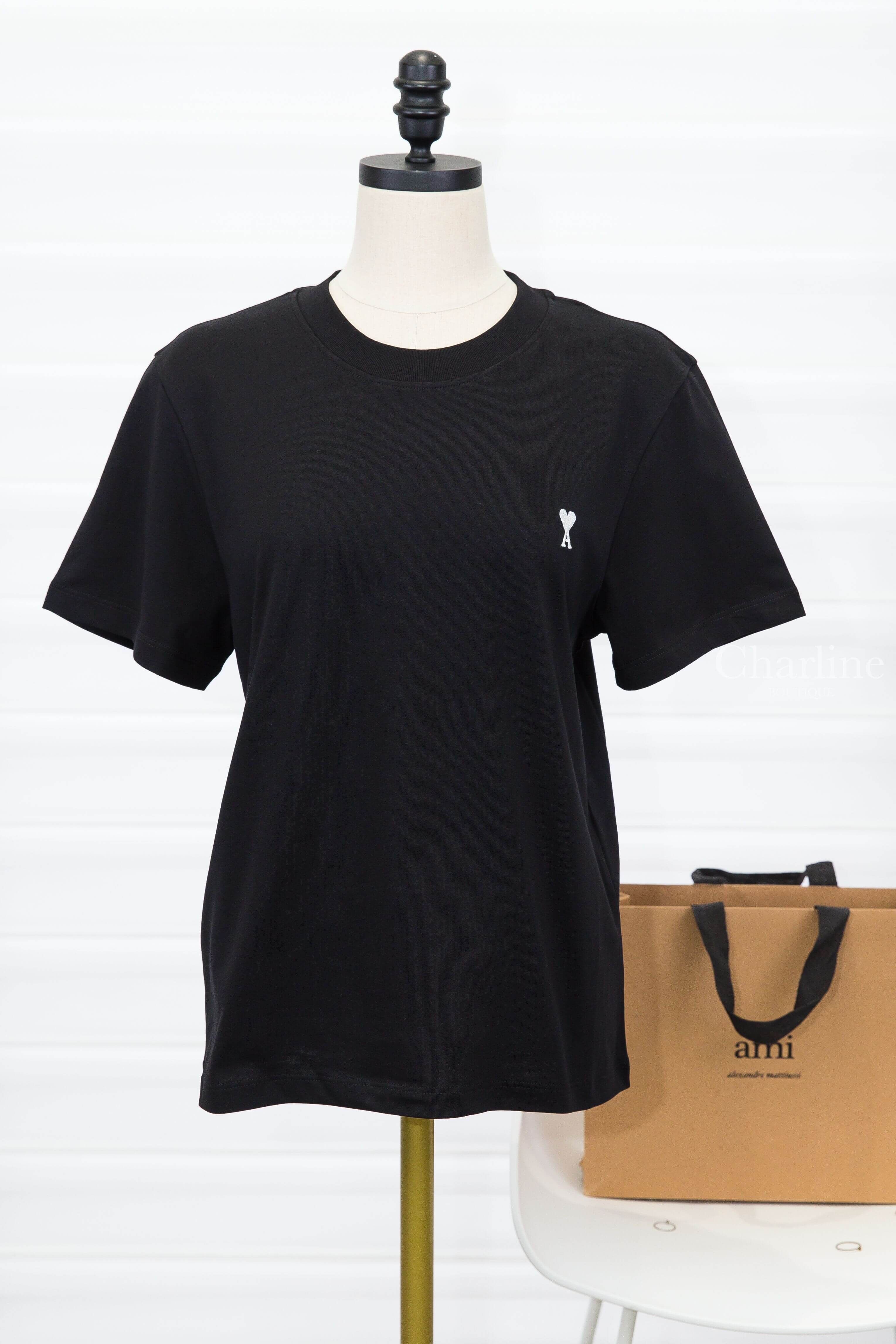 Ami Paris Black Cotton Ami De Coeur Cropped T-shirt 黑色奶油白色刺繡小愛心後背刺繡字母短袖棉T
