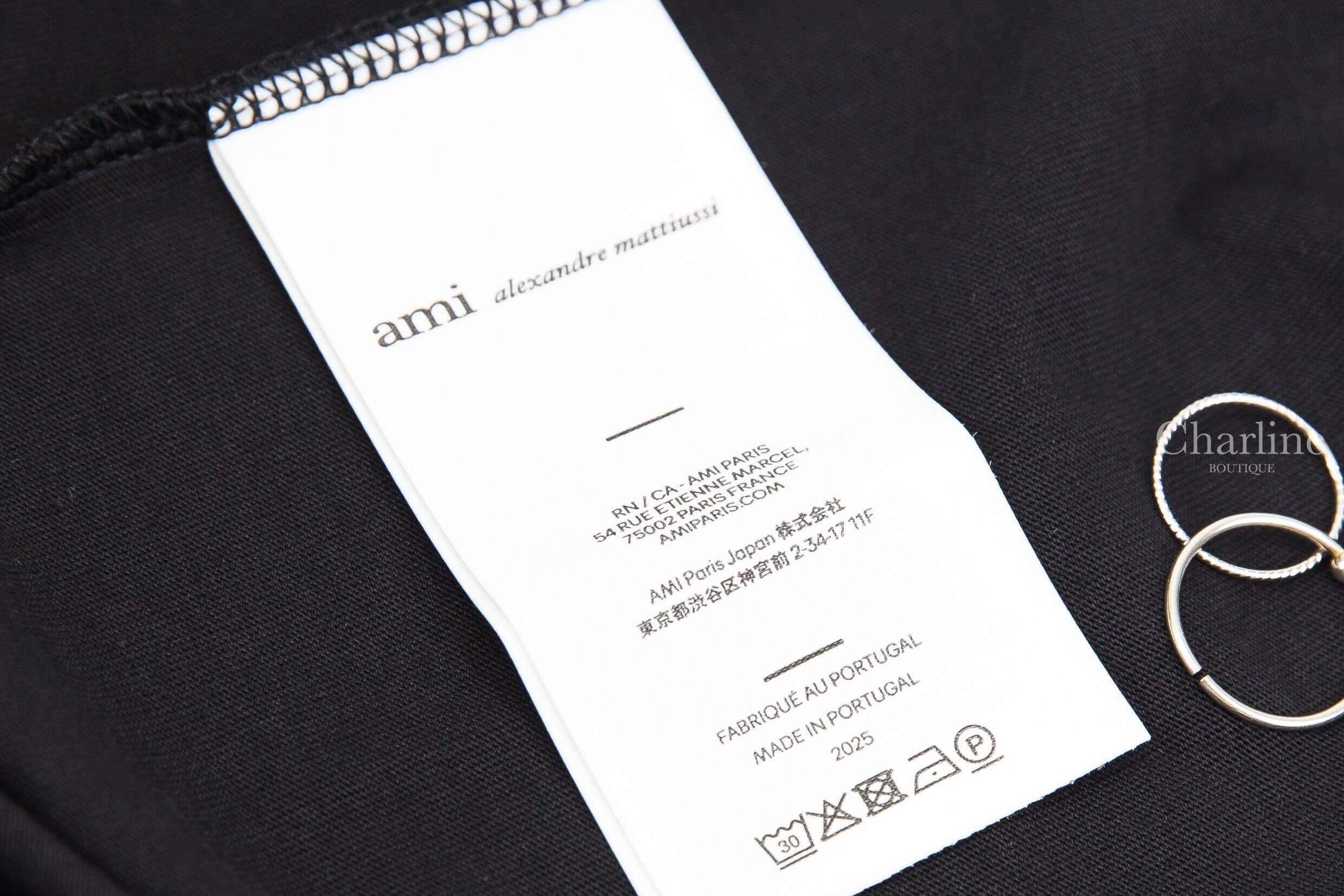 Ami Paris Black Cotton Ami De Coeur Cropped T-shirt 黑色奶油白色刺繡小愛心後背刺繡字母短袖棉T-Charline Boutique 精品代購