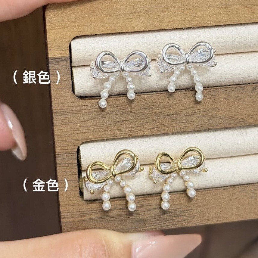 CD57鋯石雙層蝴蝶結珍珠耳針
