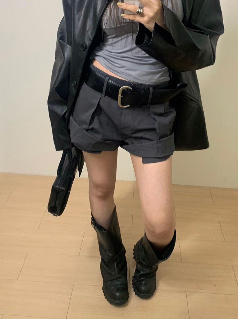 低腰反摺摺子褲