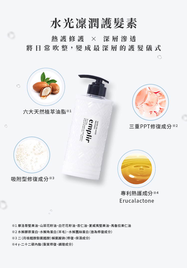 安珀麗水光凜潤護髮素透過天然植物油脂+修護成分+Erucalactone,修護髮絲