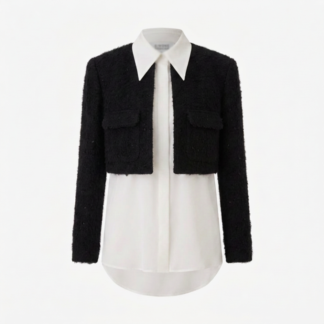 1EA0408-030 [EDWARD ACHOUR] Two-in-One Crop Jacket & Shirt Black #100622/1005 (C-EU-E)