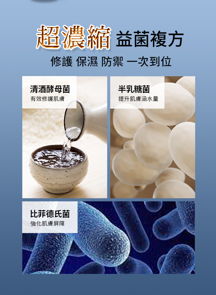 超濃縮益菌複方修復、保濕、防禦一次到位:清酒酵母菌_有效修復肌膚:半乳糖菌_提升肌膚涵水量:比菲德氏菌_強化肌膚屏障