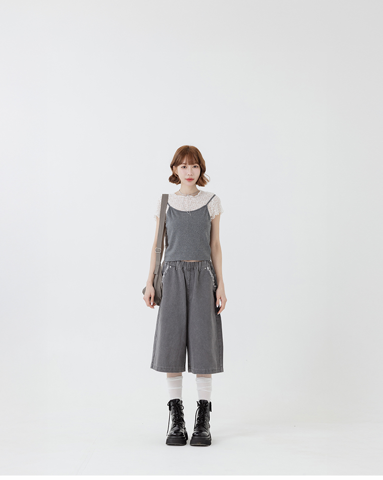 Color-blocked wide-leg trousers with embroidered pockets and stitching, size S-XL【04102065】in stock+pre-order