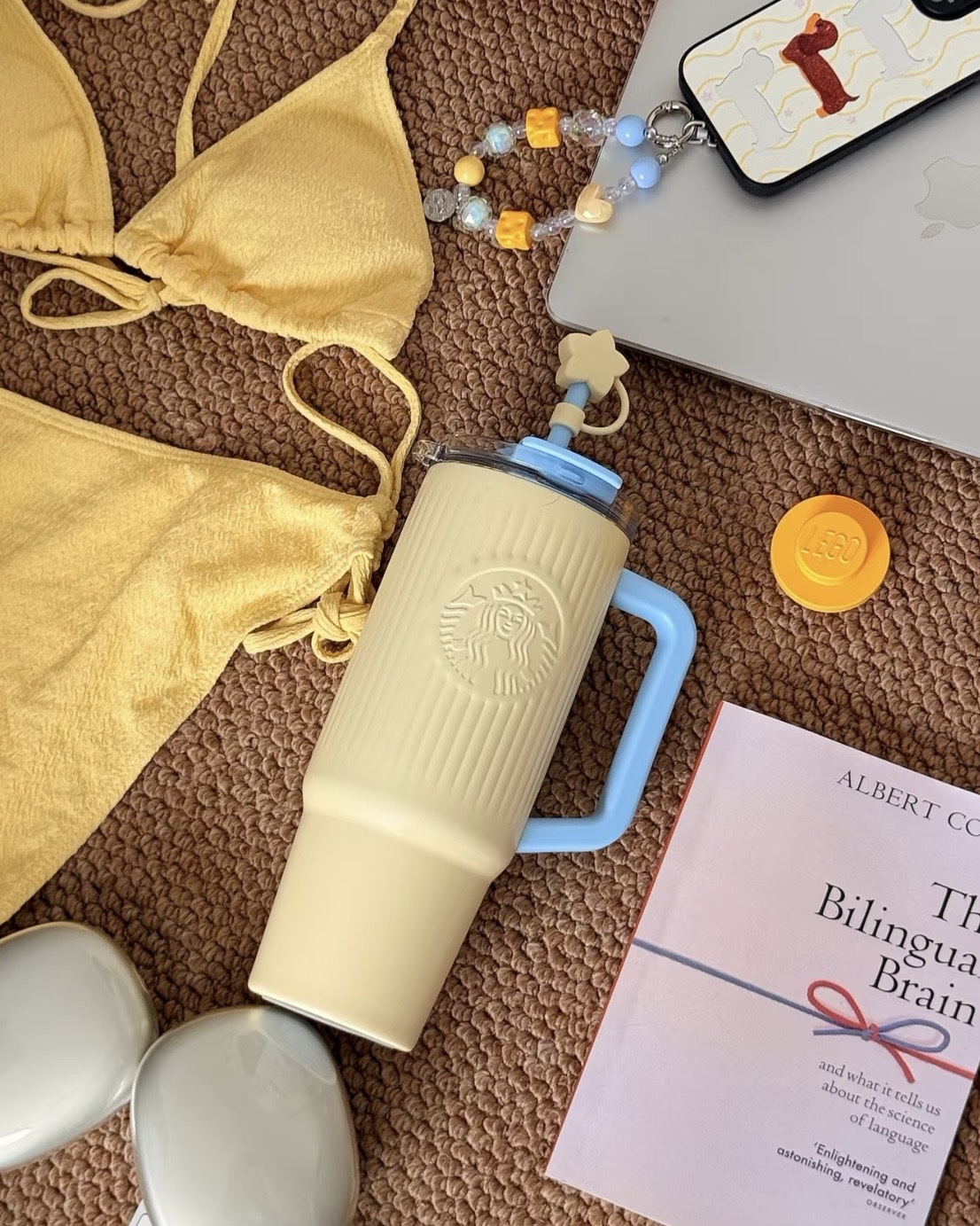 STARBUCKS 星巴克 春日晴空系列 起司奶油黃 雙飲口 不鏽鋼杯 吸管杯 水杯 手提 掛飾 / 預購