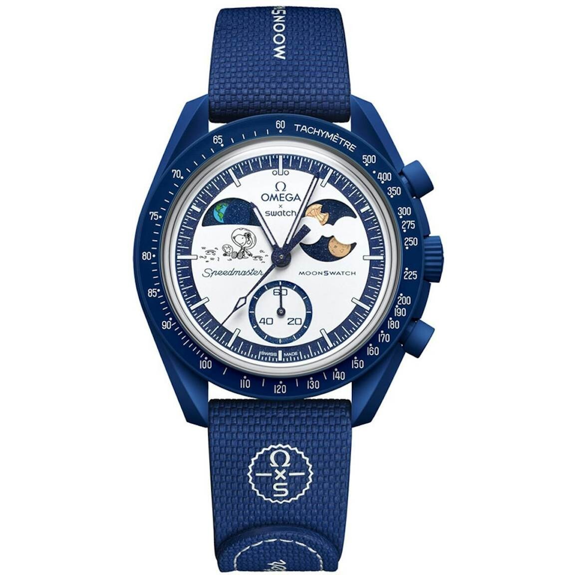 99%新，售出不退換（門市現貨）OMEGA X SWATCH MISSION TO EARTHPHASE MOONSWATCH 深藍色 史努比 聯名 42mm 手錶【SO33N704L】