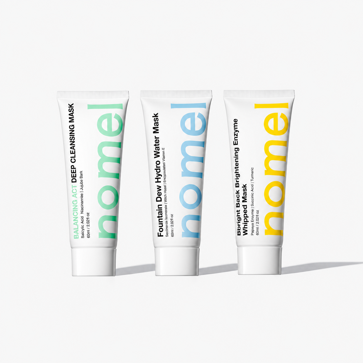 nomel 365 Super Mask Bundle featuring Balancing Act Deep Cleansing Mask, Fountain Dew Hydro Water Mask, and Bbright Back Brightening Enzyme Whipped Mask