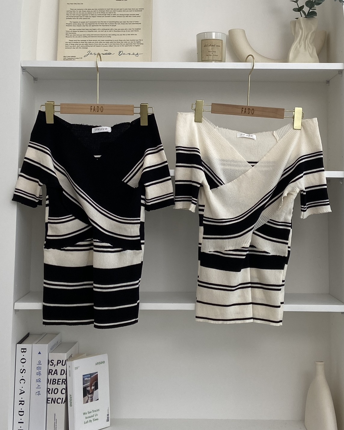 法朵Fado shop｜配色交錯一字領針織上衣 0115007 兩色