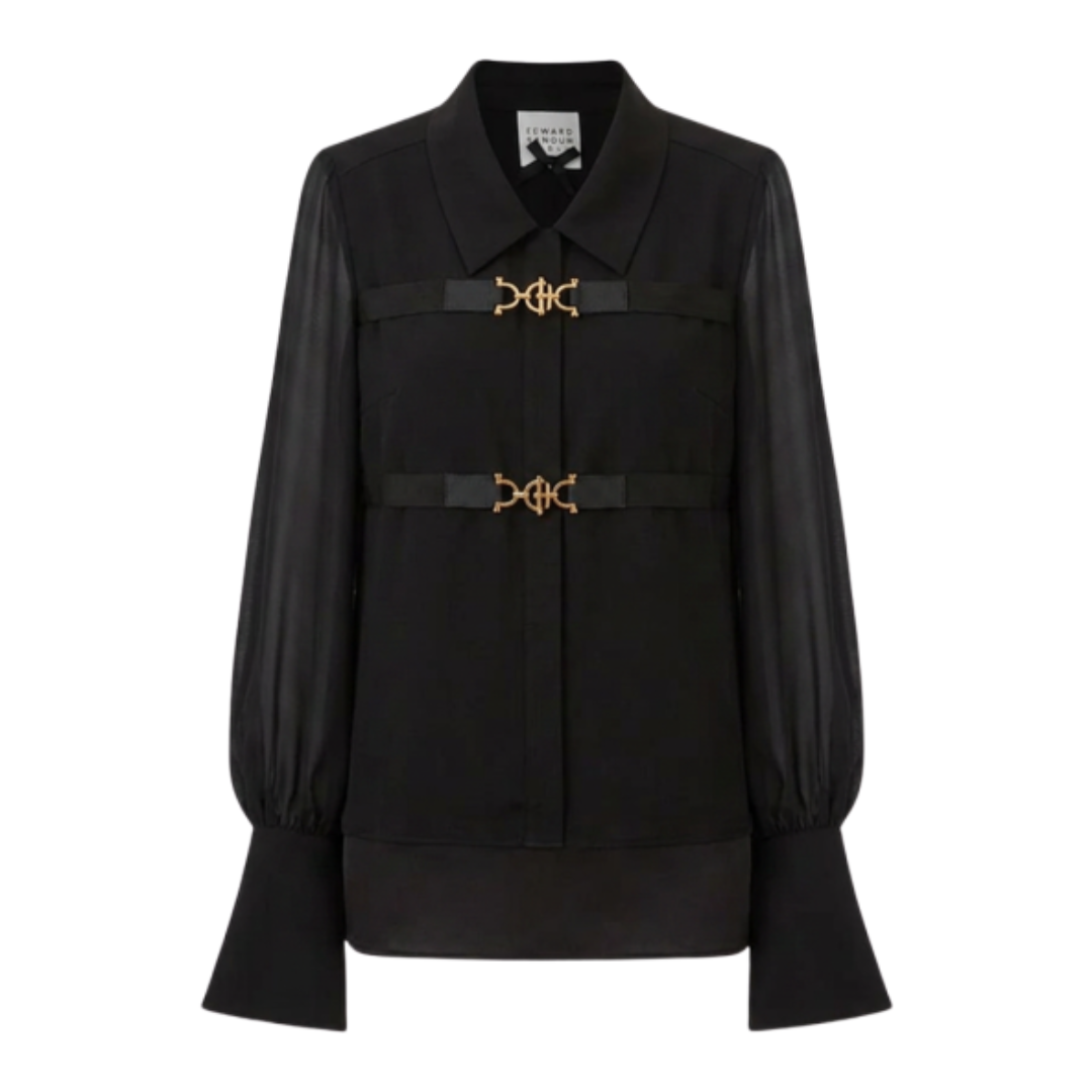 1EA1020-037 [EDWARD ACHOUR] Monochrome Contrast Blouse with Gold Clasp Detail Black #090621/936 (C-EU-E)
