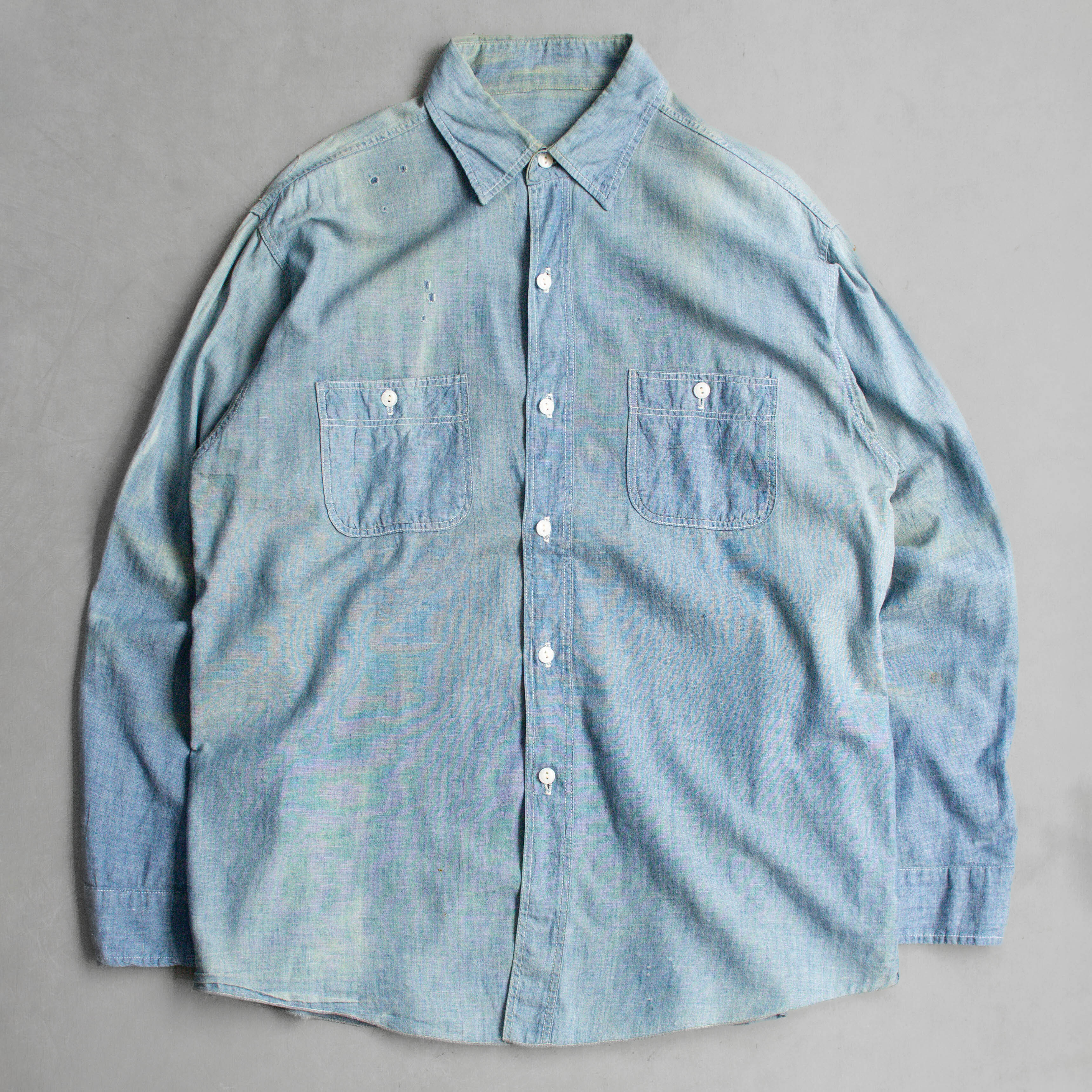40S VINTAGE CHAMBRAY WORK SHIRT 美國製 純棉 淺藍 青年布 長袖 工作襯衫