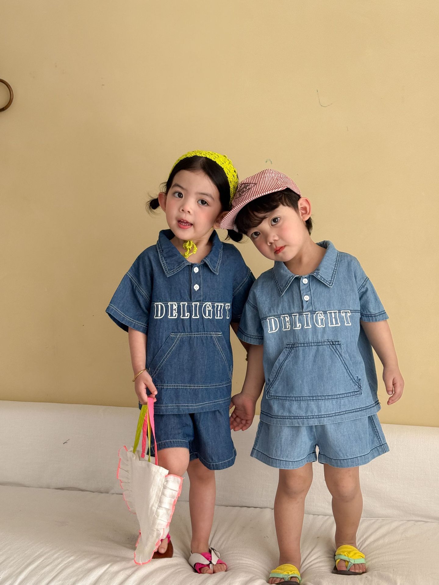 【H0848】夏季丹寧牛仔字母姐弟兄妹套裝(80-150)