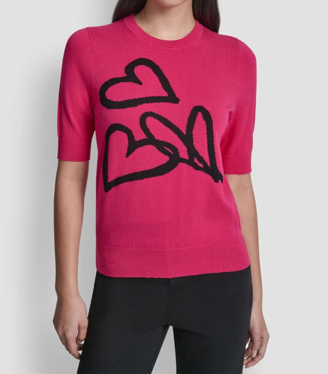 [S] DKNY HOT PINK/BLACK SHORT SLEEVE GRAFFITI HEART SWEATER, P6ASCB97-HKB (SD1889)