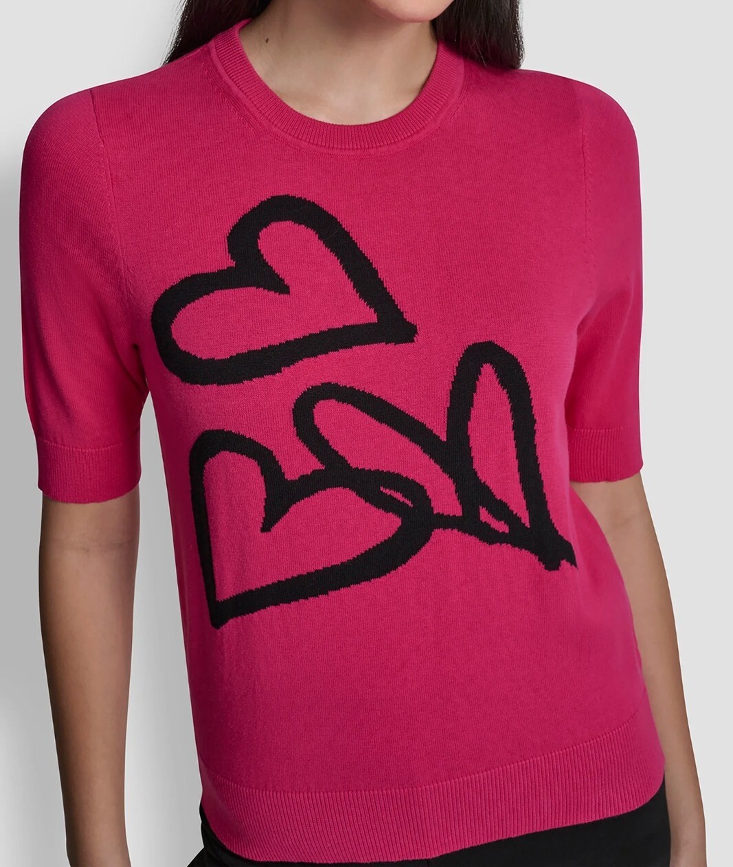 [S] DKNY HOT PINK/BLACK SHORT SLEEVE GRAFFITI HEART SWEATER, P6ASCB97-HKB (SD1889)