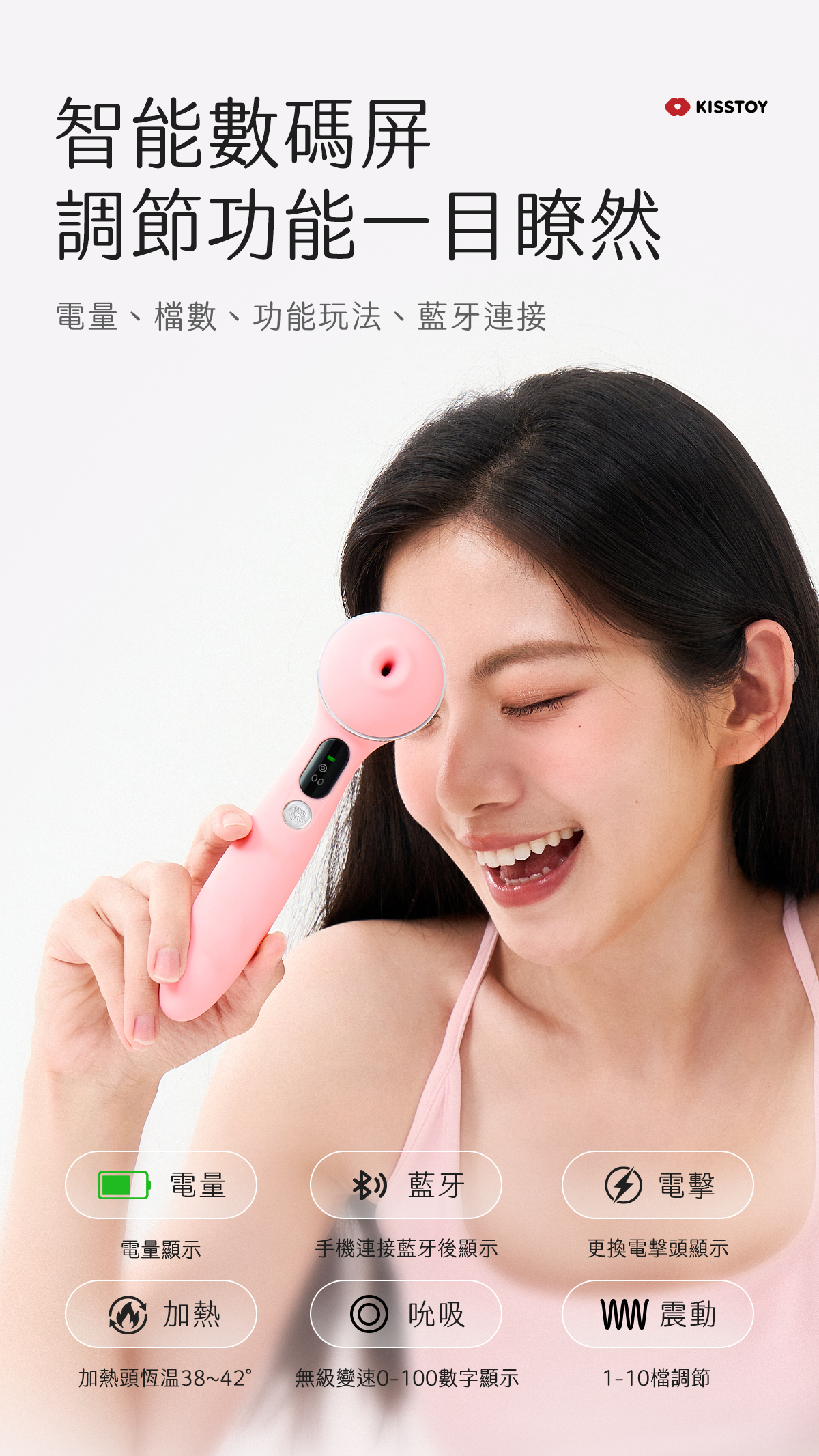 Kisstoy Polly5 秒潮5代隱密包裝出貨，模特兒手持粉色機身展示智能數碼屏的各項圖標。